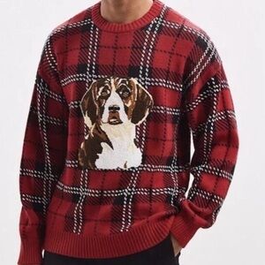 Urban Outfitters Oversized Red Tartan Dog Crewneck Sweater, Size S
